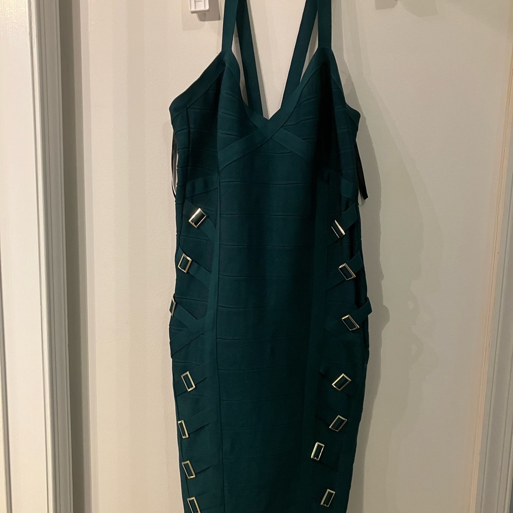 bebe Strapless Teal Dress with Buckle Accents